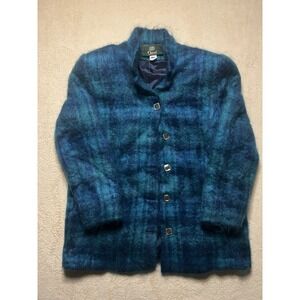 Vintage 80s Orvis Mohair Sweater USA Made Size XL Blue/Green Plaid Preppy